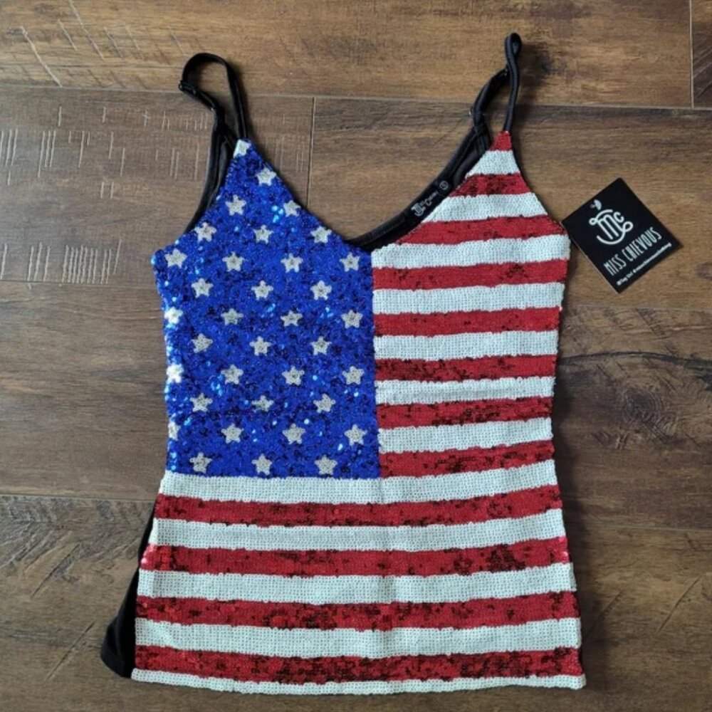 NWT USA American Flag Sequin Patriotic 4th of July Star Spangled Tank Top